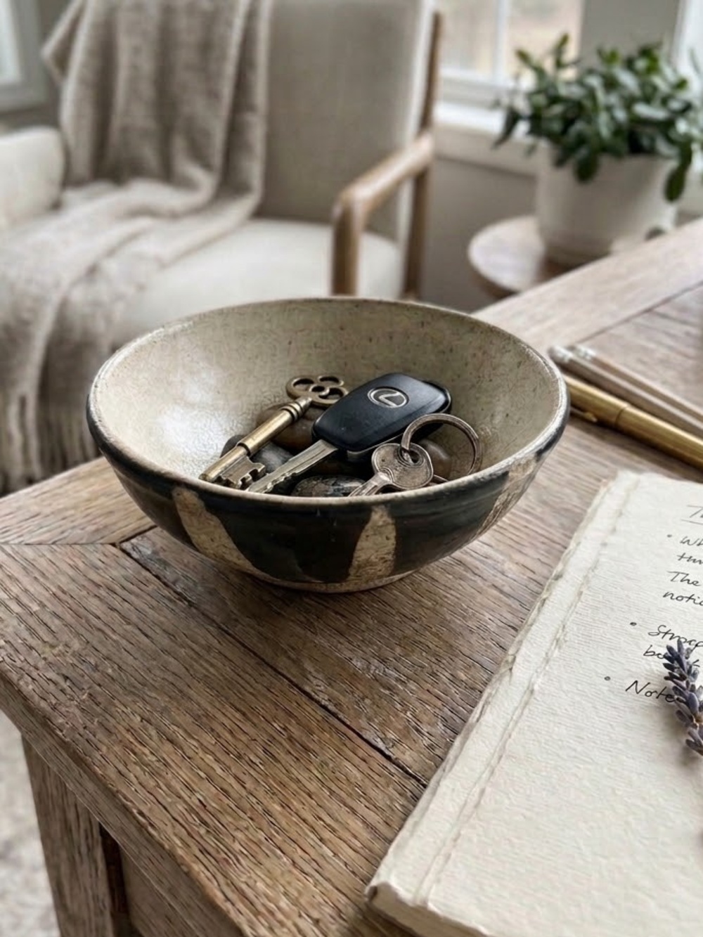 Handmade Handcrafted Ceramic Bowl Black & Cream Crackle Glaze Dish Home Decor